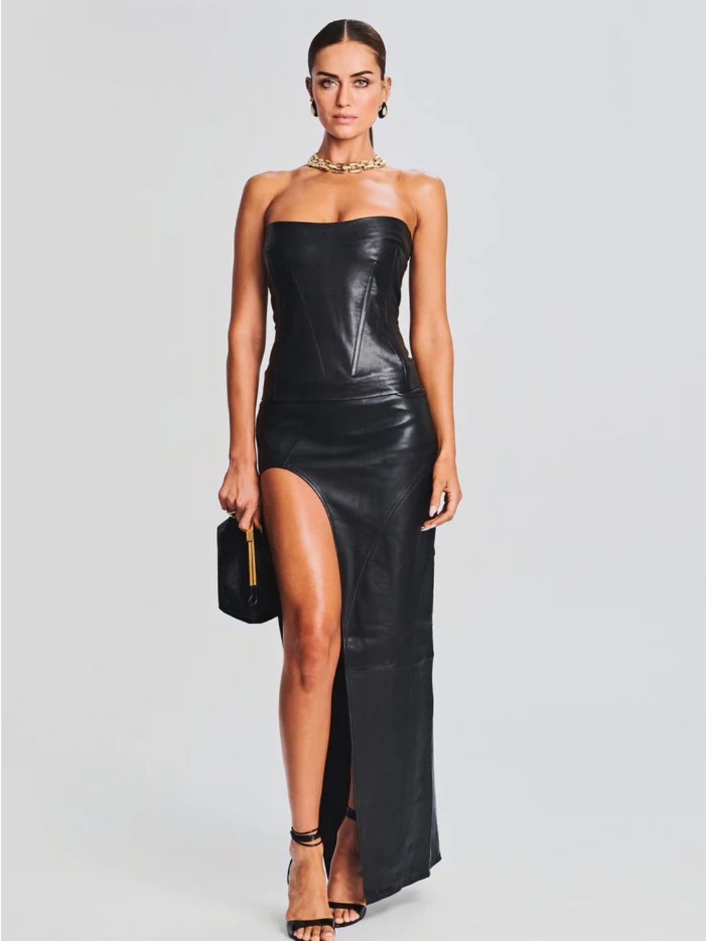 Retrofete Tash Black Leather Maxi High Slit Skirt
